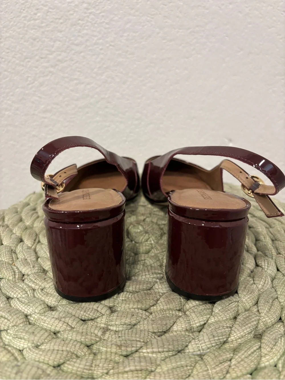 Bernardo Alexia Deep Burgundy Patent Leather Slingback Block Heel Pumps